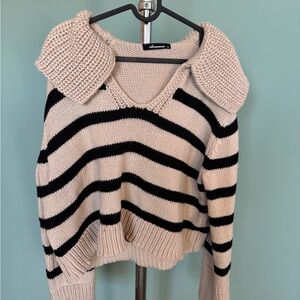 Olivaceous Black and Cream Striped V-Neck Sweater